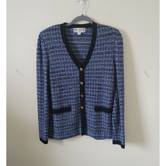 St. John Collection By Marie Gray Tweed Blazer Jacket Blue Black Button Size 6 - Picture 1 of 8